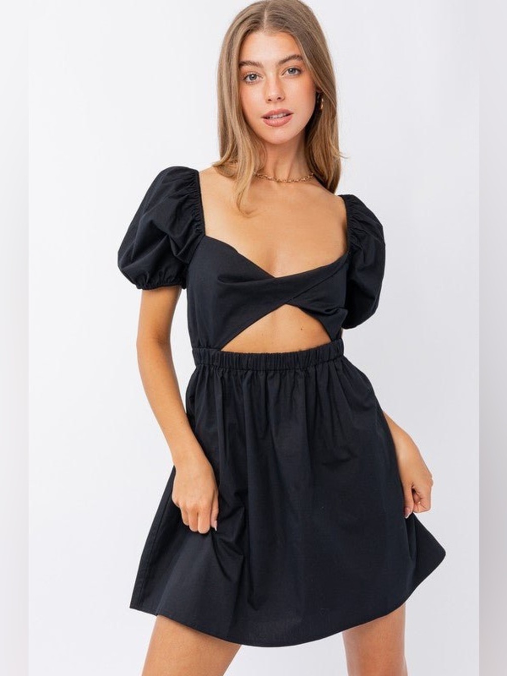 Black Puff-Sleeve Cutout Dress